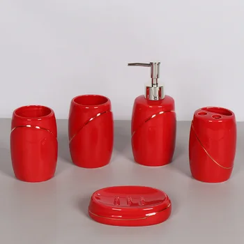 

Simple European ceramic bathroom five-piece bathroom toiletries set red lotion bottle brushing cup soap dish wedding gift