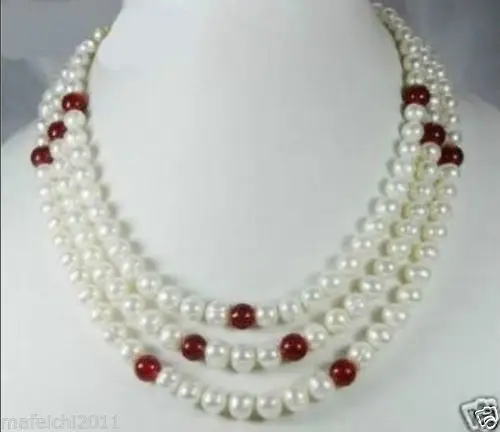

3 Row 7-8mm White Freshwater Pearl & Red Jade Necklace