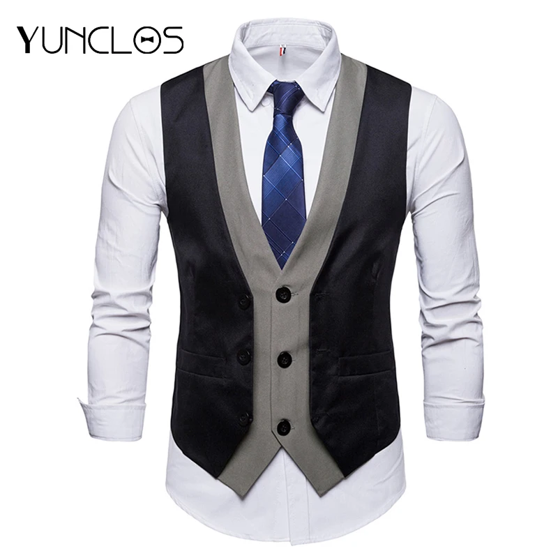 

YUNCLOS 2019 Men Slim Fit Vest Wedding Party Men Suit Vest Waistcoat Fake 2 Pcs Casual Single Breast Jacquard Colete Masculino