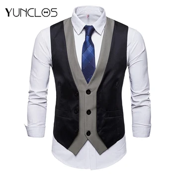 

YUNCLOS Men Slim Fit Vest Wedding Party Men Suit Vest Waistcoat Fake 2 Pcs Casual Single Breast Jacquard Colete Masculino