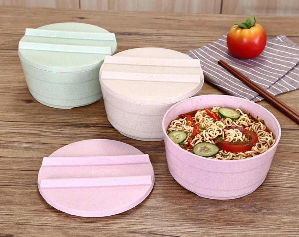 Creative Tableware Large Wheat Straw Plastic Bowl Set Bowl With Lid Noodle Bowl Household Utensils Colorful For Kitchen 10200E