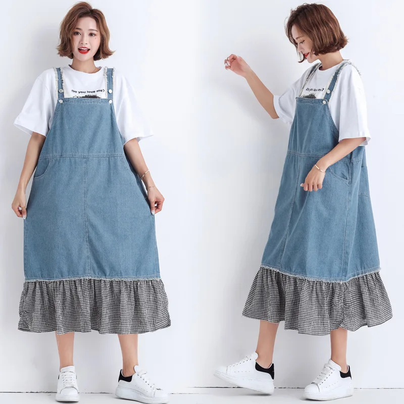 Johnature Sweet Korean Spaghetti Strap Solid Ruffles Women Spring Summer Denim Dress Loose mid-calf Mermaid Jean Dress
