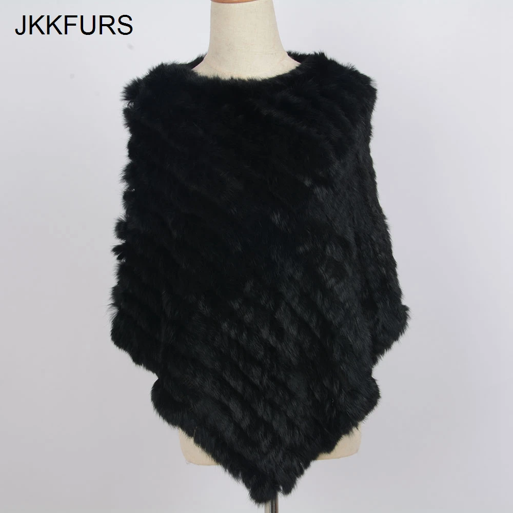 JKKFURS женское пончо с натуральным кроличьим мехом Модная стильная вязаная шаль