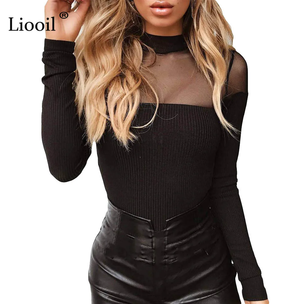 Liooil Sexy See Through Lace Bodysuits Autumn Winter Jumpsuit For Women 