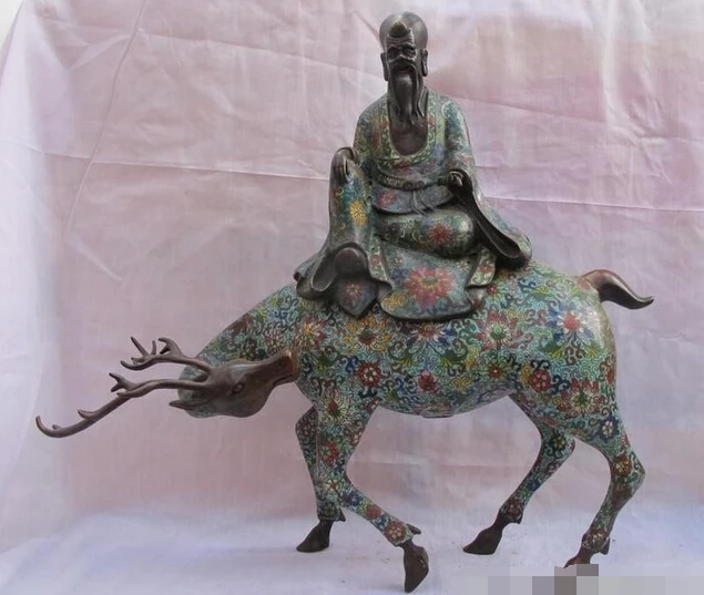 

JP S1140 China 100% Bronze Cloisonne Longevity Immortal God Ride sika deer Buddha statue Discount35%