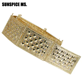 

SUNSPICE MS Women Metal Waist Belt Morocco Caftan Jewelry Body Chain Gold Color Full Crystal Adjustable Length Wedding Girdle