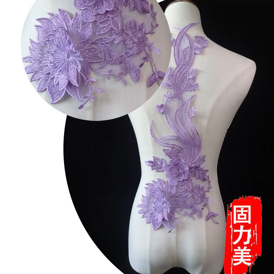 

1pc big size 50*23cm purple blue champagne mint green caramel luxury 3d flower patch lace applique for high-end clothing