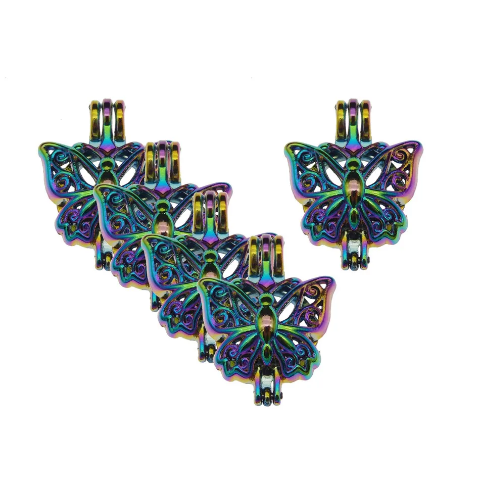 10pcs Rainbow Color Zinc Alloy Pearl Cage Pendants Aromatherapy Animal Butterfly Essential Oil Diffuser Jewelry Necklace DIY