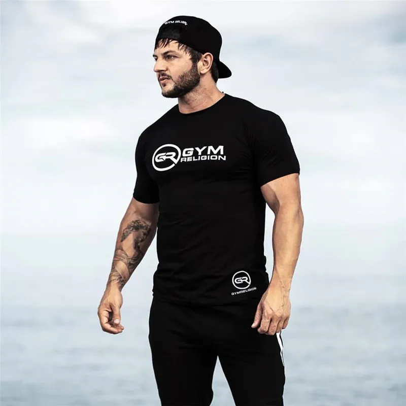

Men's summer shirt cotton gyms fitness men t-shirt brand clothing Sports male training print short sleeve Running clothes