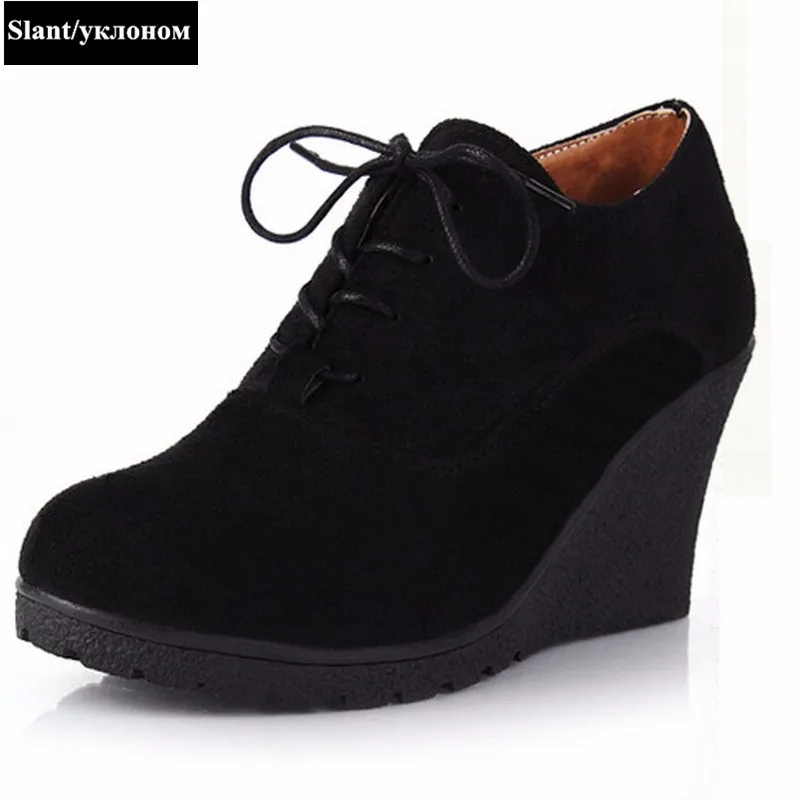 BONJOMARISA/Лидер продаж на высоком каблуке Туфли-лодочки на платформе-танкетке Для женщин повседневная обувь на шнурках Женская мода удобные высокое качество обуви
