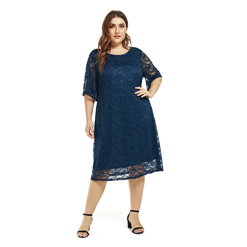 

Plus Size Women Dress Loose Elegant Lace Dress Office Ladies Mid Calf Casual Dress 2019 Vestidos Mujer Summer Party Clothes