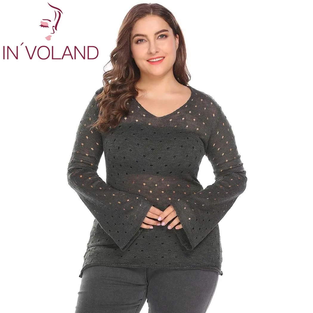 IN'VOLAND Large Size XL-5XL Women Sweater Tops Spring Autumn Flare Sleeve Slim Fit Hole Hollow Out Casual Big Pullover Plus Size IN'VOLAND Large Size XL-5XL Women Sweater Tops Spring Autumn Flare Sleeve Slim Fit Hole Hollow Out Casual Big Pullover Plus Size