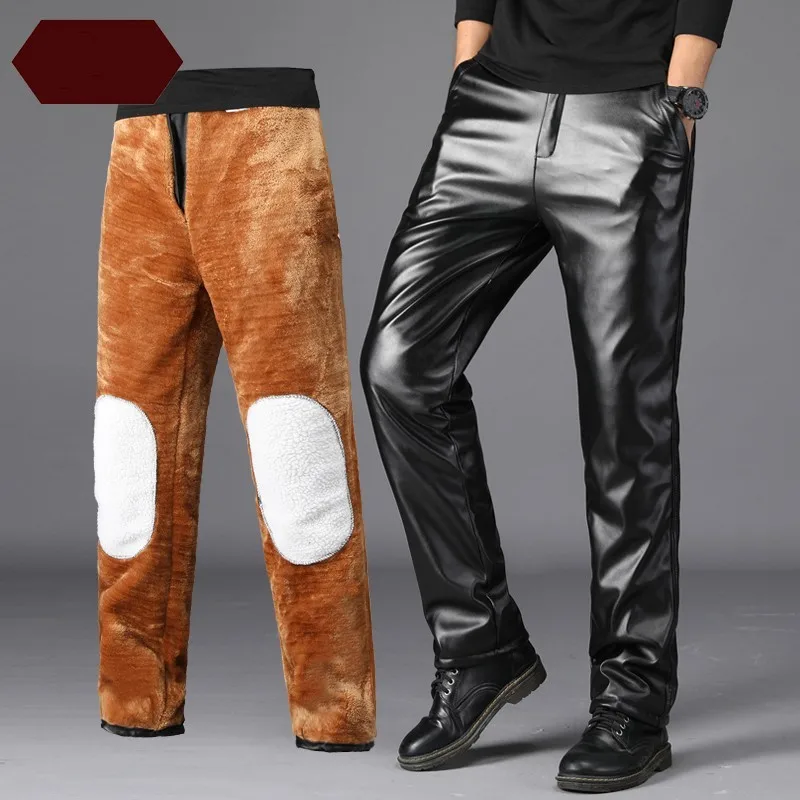 Мужские Зимние флисовые брюки с подкладкой из искусственной кожи ветрозащитные прямые свободные мотоциклетные длинные брюки плюс размер брюки из искусственной кожи