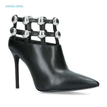 

2018 Women Fashion Ankle Boots Sleek Pointed Toe Caged Cuff Aborned With Sizable Silver Rivets Studded Party Casual Women Shoes