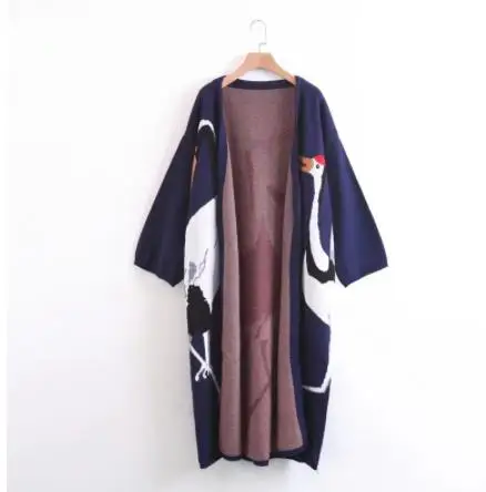 Stork Female Wool Cardigan Sweater for Women's Winter Jumper Coat Female Kimono Vintage Knitted Long Trench Windbreaker