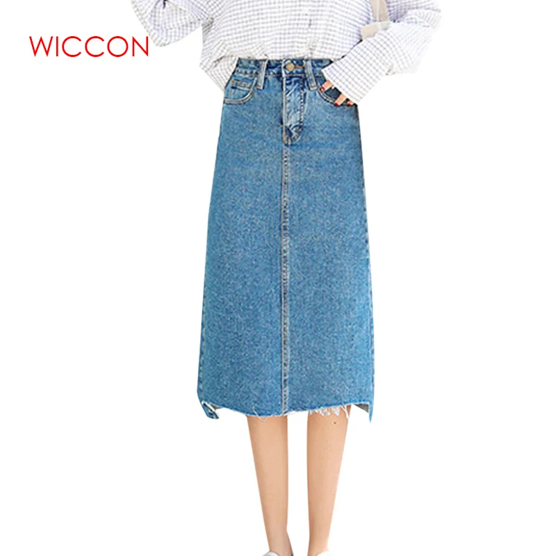 

Women Summer Denim Skirt High Waist Solid Color Pocket Jeans Ladies Long Skirt Streetwear Irregular Faldas Mujer