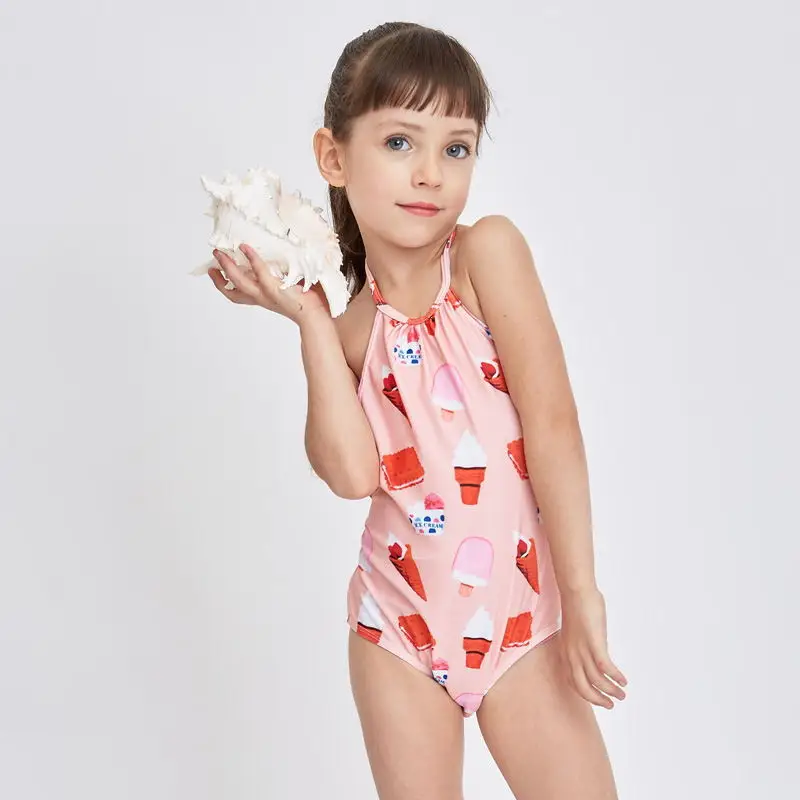 New Swimwear Children Girl Backless One Piece Swimsuit Cute Cartoon Ice Cream Printing Girls Kids Bathing Suit Baby Beachwear 2