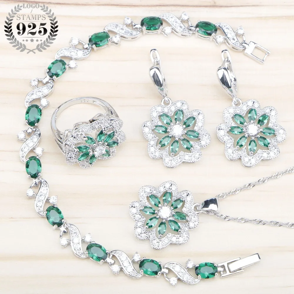 

Green Zircon Wedding 925 Silver Jewelry Sets Decorating For Women Pendant&Necklace Earrings With Stones Rings Set Free Gift Box