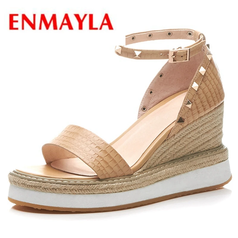 

ENMAYLA 2018 New Leather Stitch Rivet Wedges Summer High Heel Sandals Open Toe Platform High Heels Big Size 34-40 Black CR203