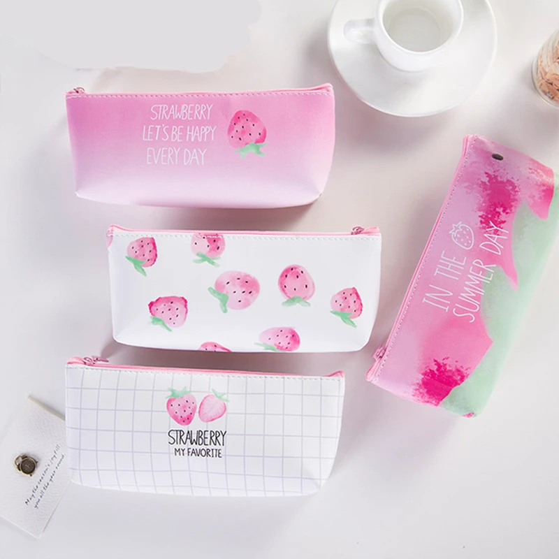

Cute Pink Strawberry Pencil Case For Girls Stationery School Supplies PU Leather Pen Storage Bag High Capacity Kawaii Pencil Box