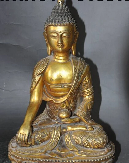 

shitou 002980 11"old tibet buddhism bronze gilt lotus HEALING MEDICINE BUDDHA sakyamuni statue
