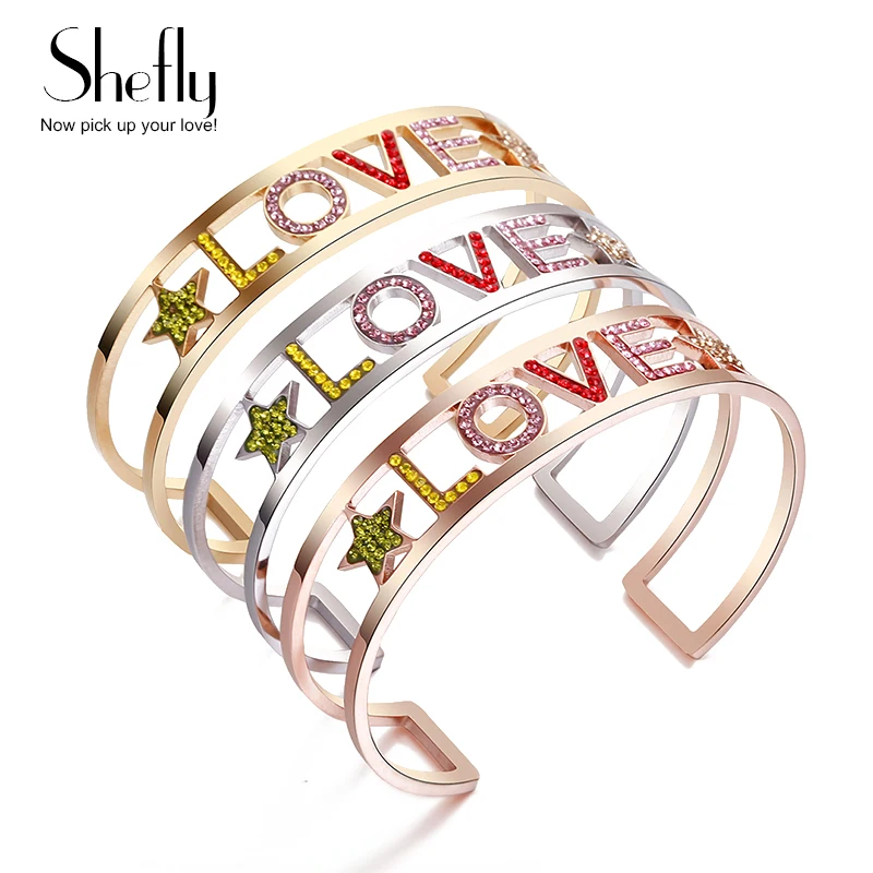 

2019 New Fashion Cubic Zirconia Wide LOVE Letter Bracelet Thick Cuff Monaco Bangles for Women Stainless Steel Jewelry Gift