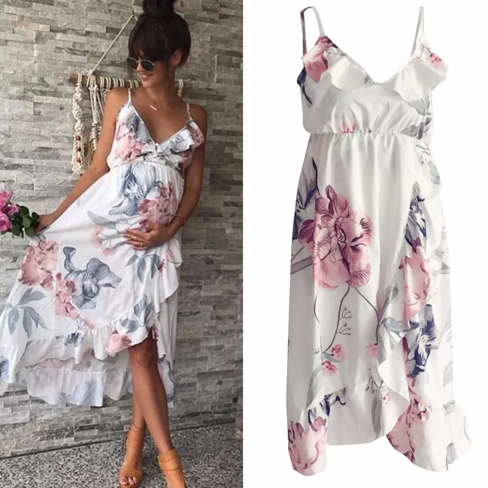 

Puseky Maternity Dress Women Ink Paint Floral Ruffle Irregular Hem Strap Sleeveless Photo Prop Party Beach Pregnant Lady Wear