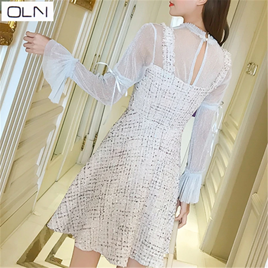 

Vestidos dress OLN Korean version summer new woolen ladies small fragrance fake two-piece dress female
