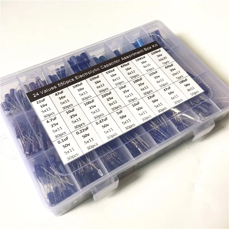 24 Values 550pcs 16V 25V 35 50V 0 1uF To 2200uF Mix Electrolytic Capacitor Assorted Kit
