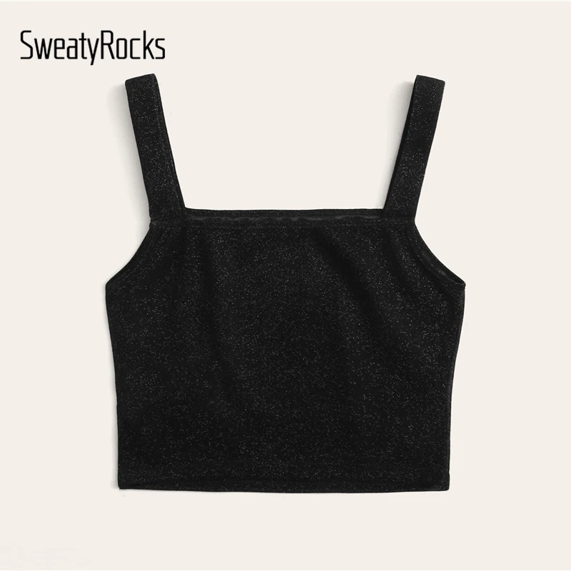 SweatyRocks Тонкий облегающий Блестящий укороченный Топ для женщин, облегающий уличная одежда, однотонный жилет, летние Гламурные топы без рукавов