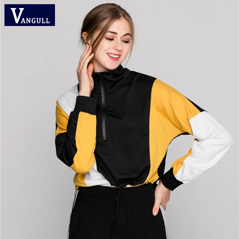 Vangull женские Свободные Лоскутные толстовки с капюшоном Новые весенние с длинным рукавом на молнии с завязками пуловеры с карманами женские шикарные топы