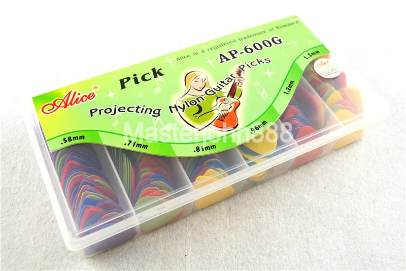 

Lots of 600pcs Alice Colorful Projecting Nylon Electric/Acoustic Guitar Picks 6 Thickness Assorted Plastic Box Wholesales