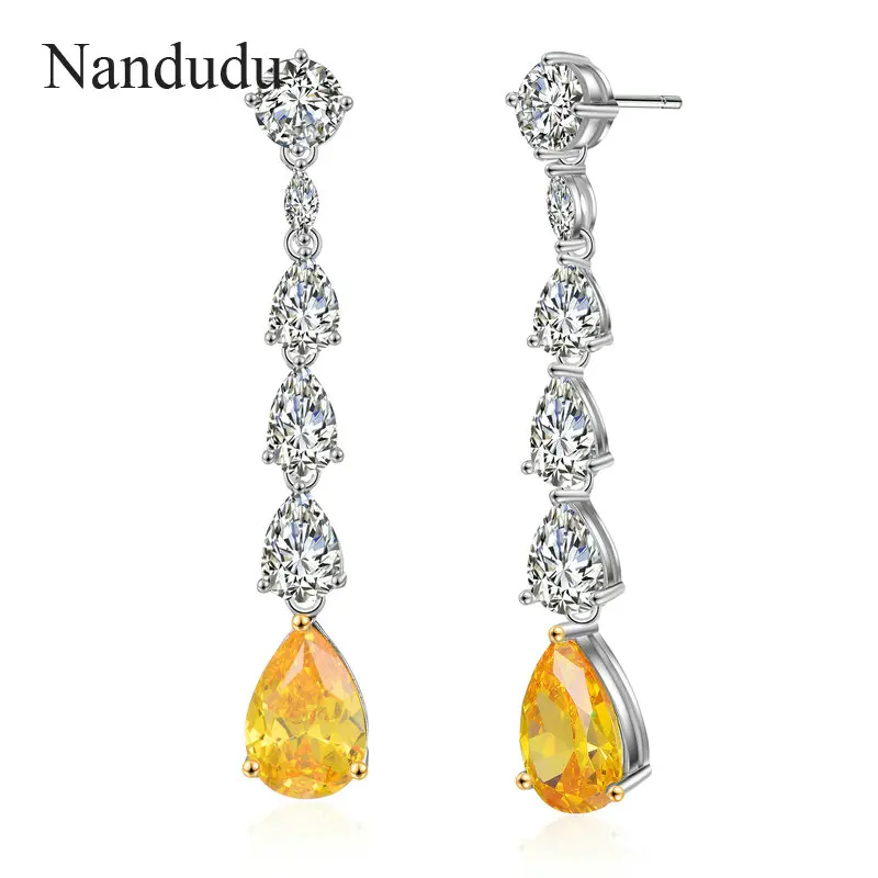 

Nandudu Fashion Female Zircon Water Drop Earrings White Yellow Zircon Earrings Wedding Jewelry Long Dangle Earrings CE592