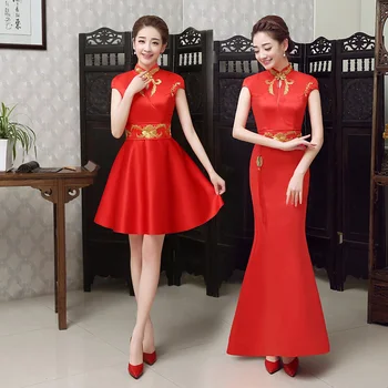 

Chinese Style Bride Wedding Dress Female Flower Red Cheongsam Satin Short Sleeve Evening Dressing Mermaid Gowns Vestidos XS-XL