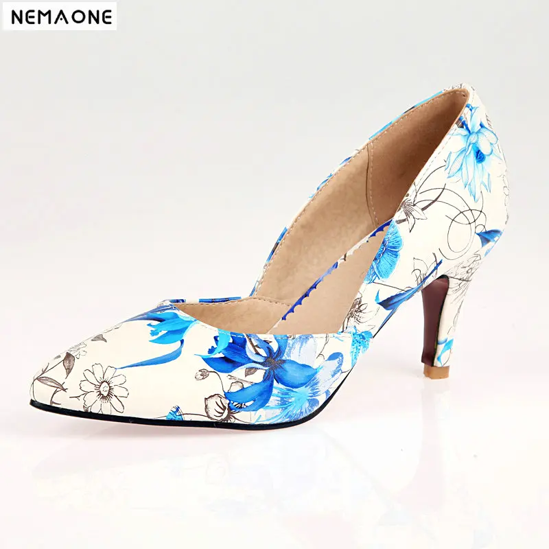 

NEMAONE summer Women Pumps High Heels Colorful Ladies Floral Printing Shallow Pointed Toe Office Shoes Female Wedding Shoe