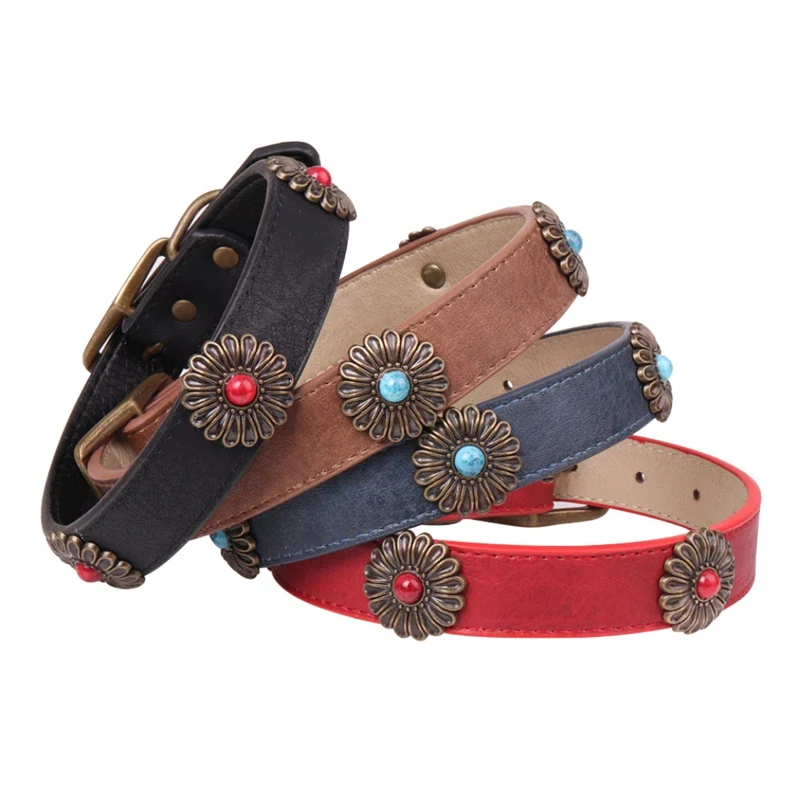 

Adjustable Dog Collars with Daisies Decor Fashion Pu Leather Pet Dog Retro Style Collars for Small and Medium Dogs Chihuahua