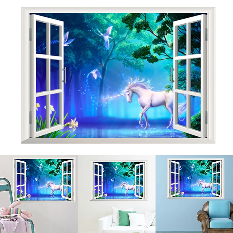 3D Fake Window Unicorn Horse Nursery Girls/Boys Bedroom Wall Decal Sticker Art Vinyl Wall Stickers For Kids Room Living Room