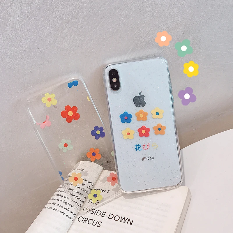 

VZD Transparent Cartoon Colorful Flowers Phone Case For iPhone X XR XS Max 8 7 6 6s Plus Leaves Hard Silica Gel Back Cover Cases
