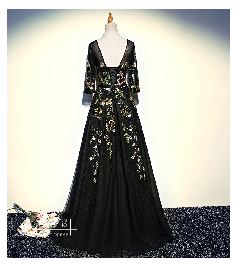 JaneVini Черное длинное строгое платье с вышивкой кружевной рукав до локтя сзади мать фатин для свадебного платья длина до пола платье