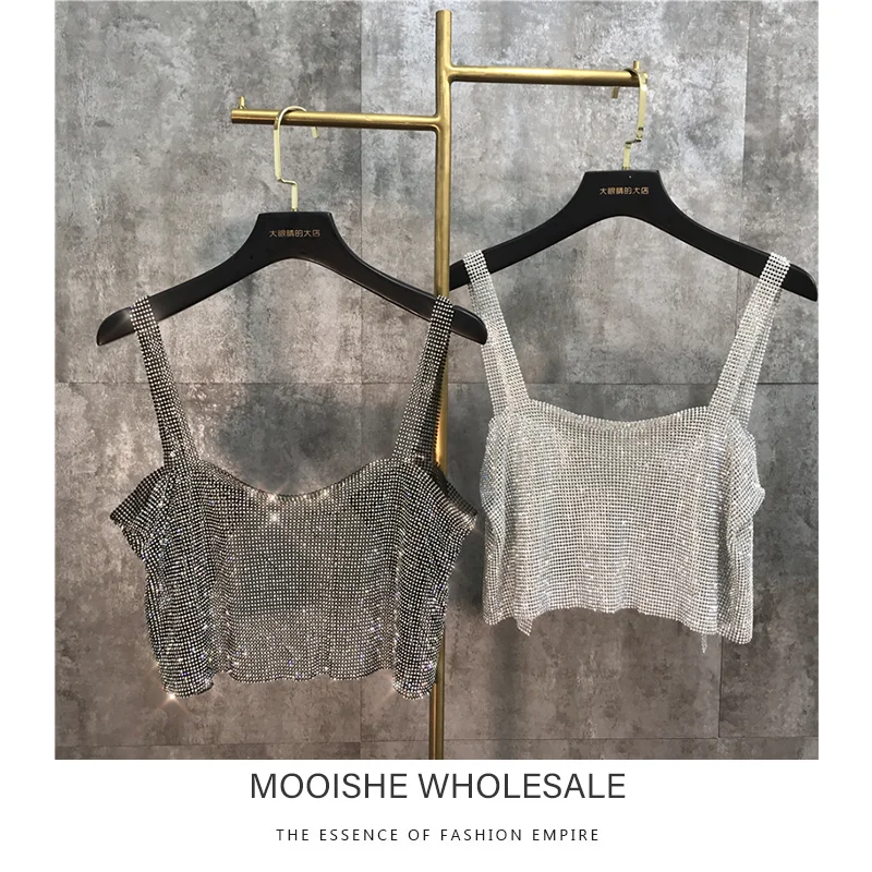 

2019 Spring Summer Shiny Full Diamond Chain Rhinestone Design Outside The Strap Diamond Vest