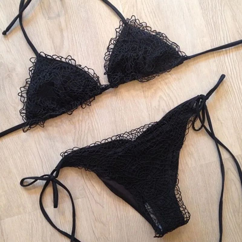 

P&j 2016 Black Sexy Lace Floral Hollow Out Women Bikini Cut Bikinis Retro Swimwear Brazilian Biquinis Strap Bandage Swimsuits