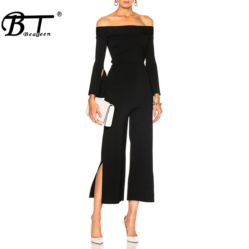 

Beateen Full Sleeve Autumn Women Bandage Jumpsuits Sexy Off Shoulder Regular Lady Bodysuits Ankle Length Pants Romper 2018