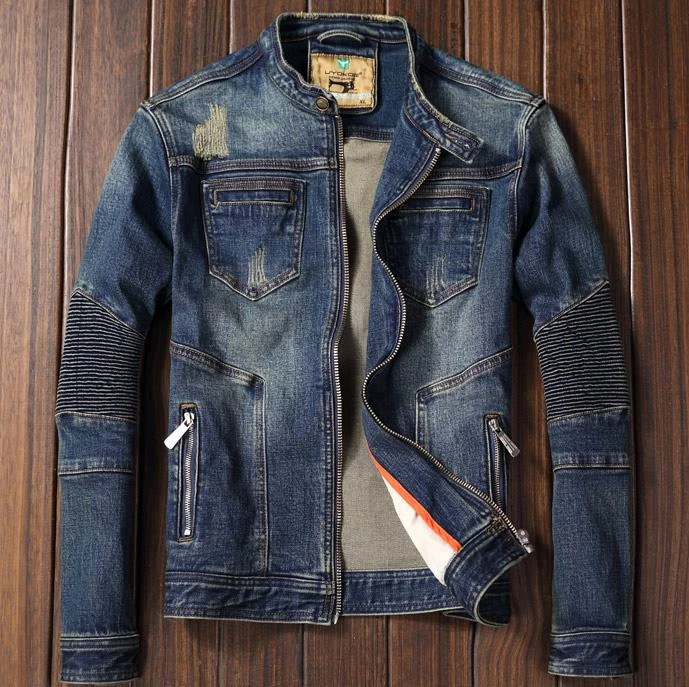 Men's Motorcycle Biker Denim Jacket Stand Collar Zipper Retro Slim Men's Motorcycle Biker Denim Jacket Stand Collar Zipper Retro Slim