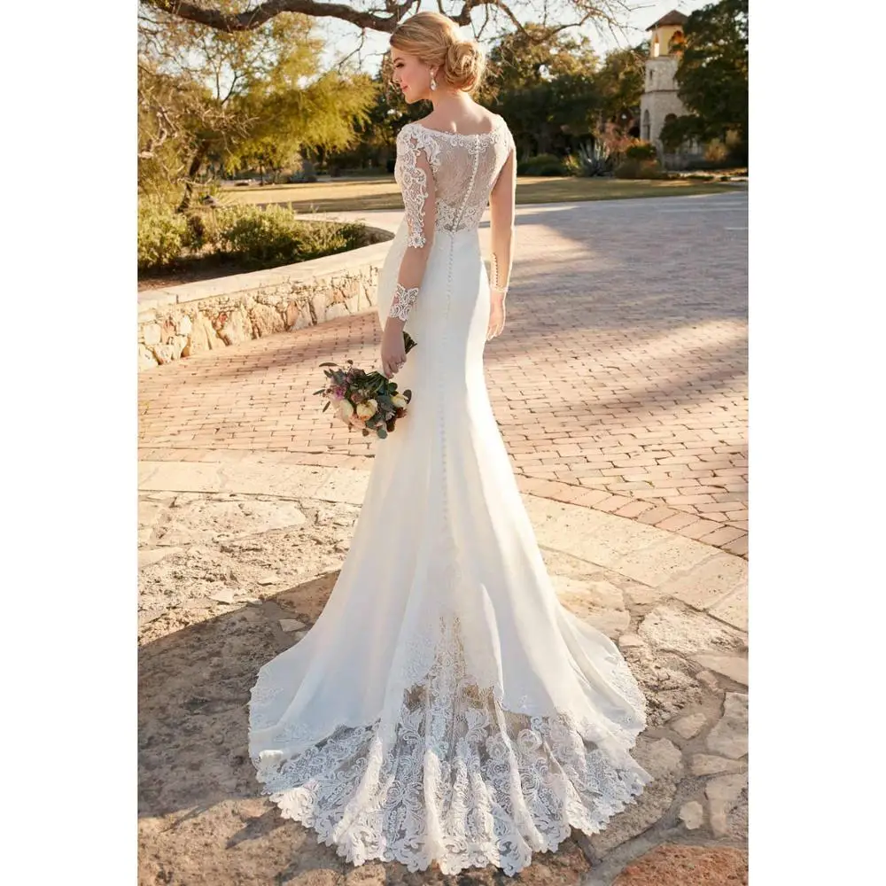

Long Sleeve Mermaid V neck Fit And Flare Crepe Wedding Dress With Lace Court Train New Arrival 2019 Bridal Gown
