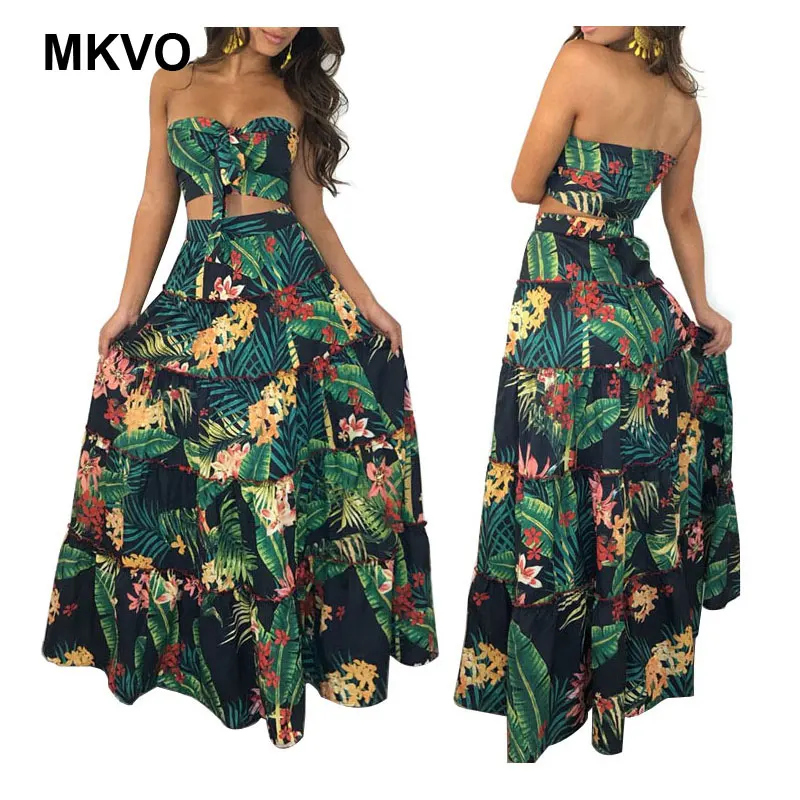 

Sexy Sleeveless V-neck Ruffled Crop Top and Long Skirt Print Skirt Set Casual Summer Bohemian Vintage 2 piece set women 2XL