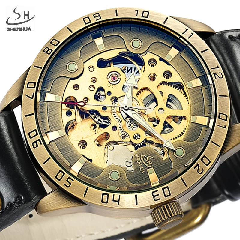 

SHENHUA Retro Bronze Skeleton Mechanical Watch Men Automatic Watches Sport Luxury Top Brand Leather Watch Relogio Masculino