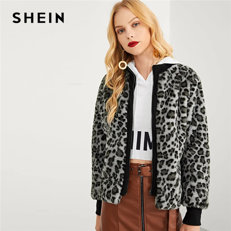 SHEIN Multicolor Zip Front Leopard Print Coat Casual Long Sleeve Round ...