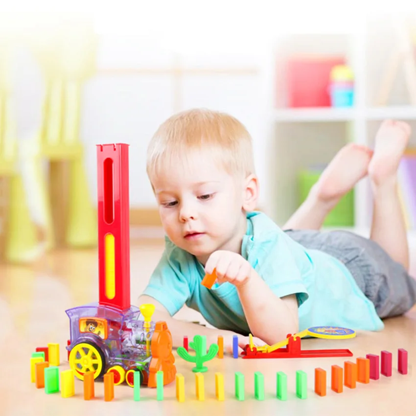 

120/60pcs/Set Dominoes Train Car kit set Springboard Sticker Educational Building Block Plastic Toy gift for boy girls children