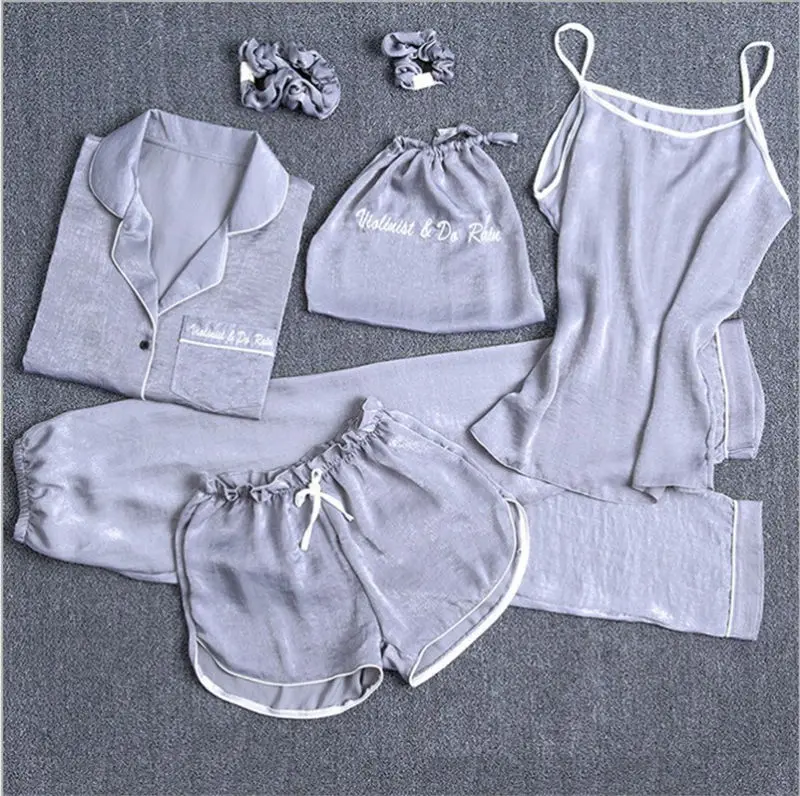 Женский Шелковый пижамный комплект из 7 предметов, пижама, Женская осенне-зимняя шелковая пижама, Повседневная Удобная Женская домашняя одежда
