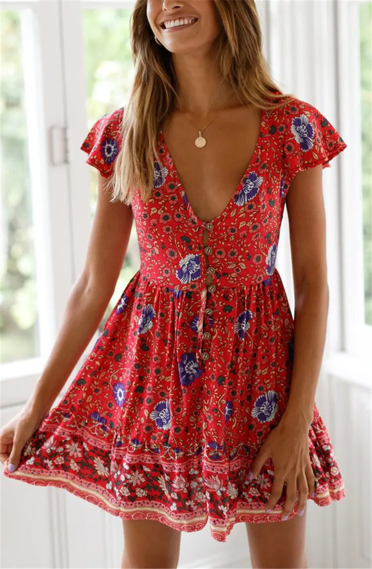Gladiolus Fashion Summer Women Dress Short Sleeve Button Deep V Neck Sexy Floral Print Mini Boho Dress 2019 Ladies Beach Dresses (13)